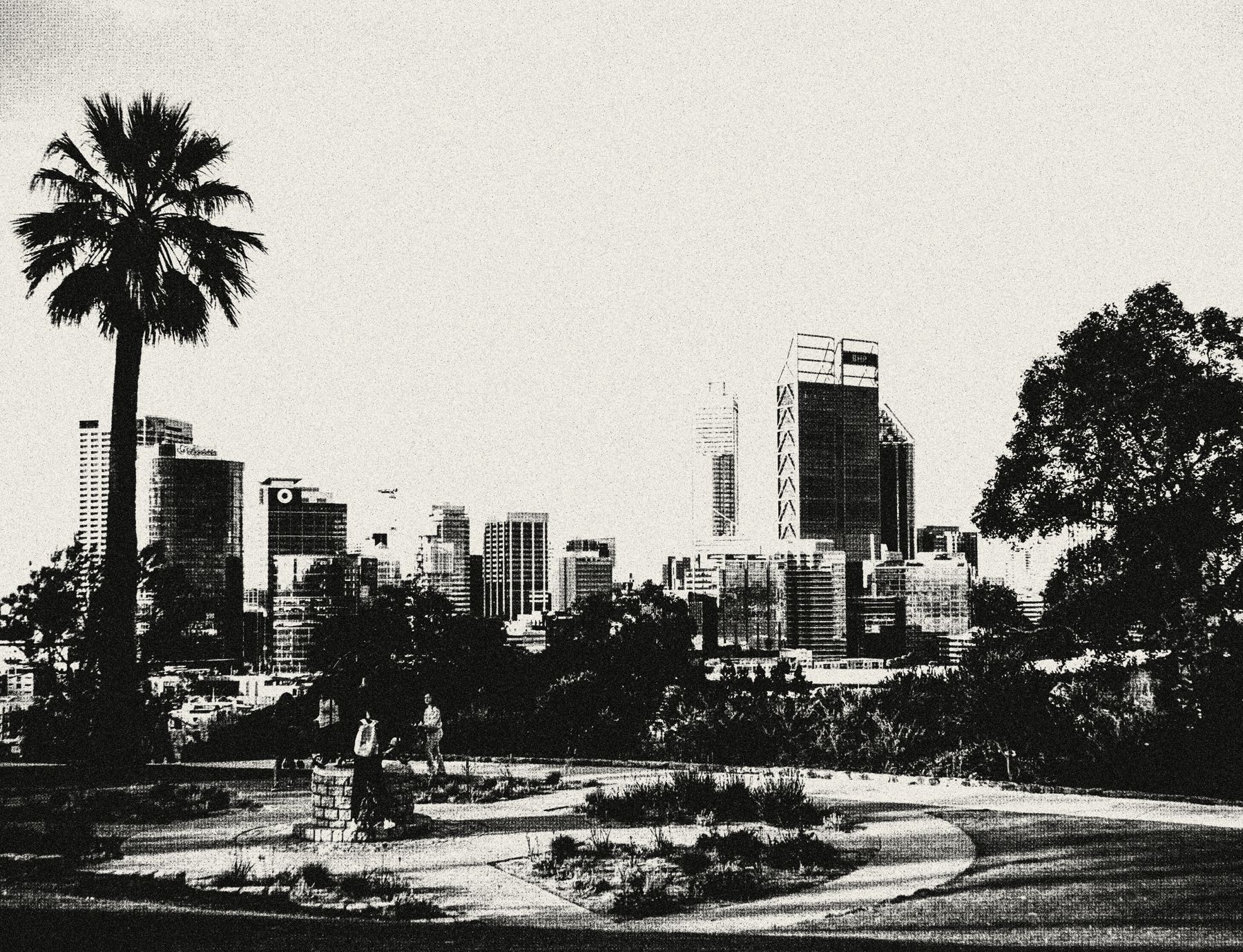 Perth city skyline from Kings Park, in grainy black and white
