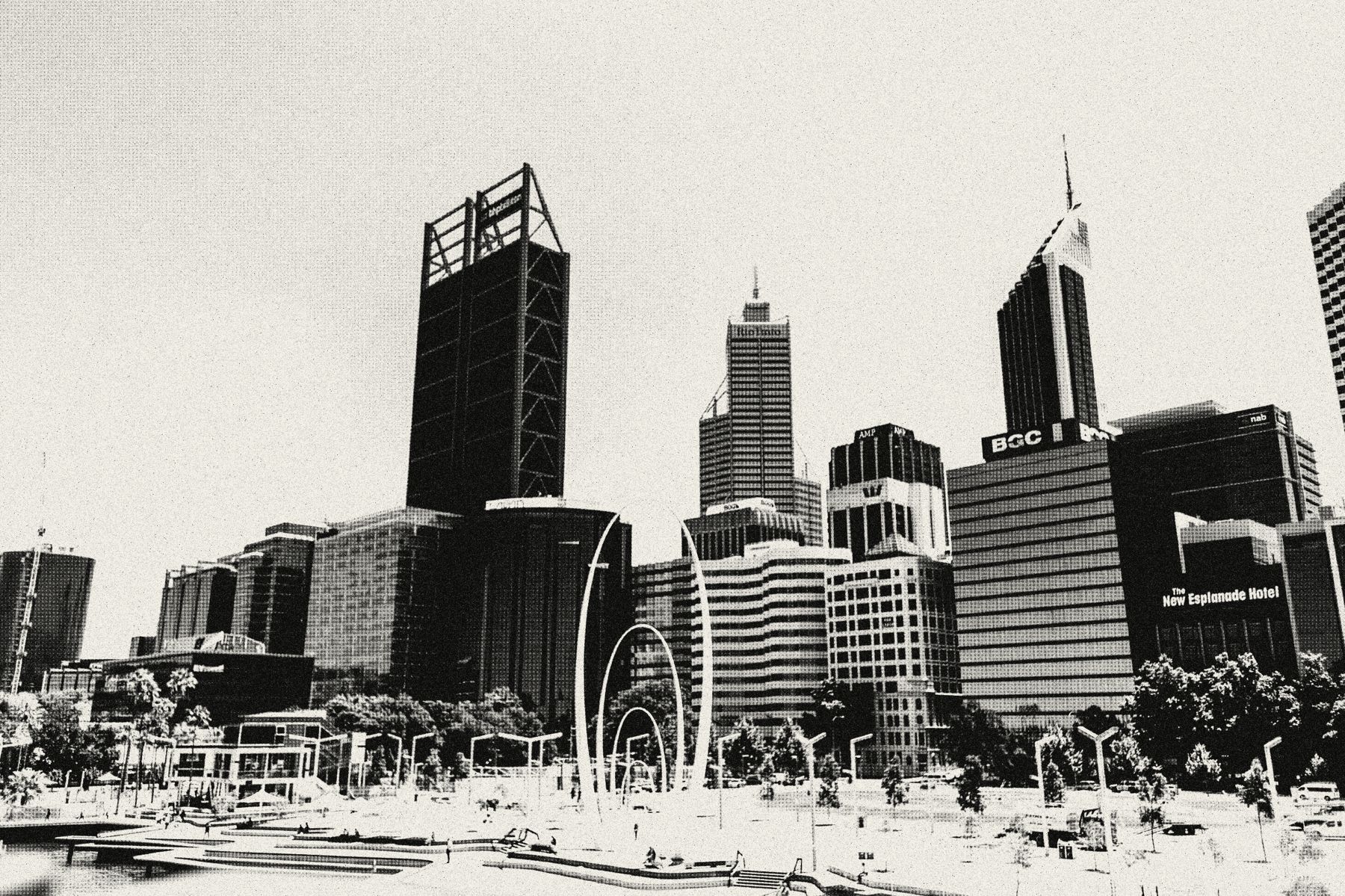 Perth city skyline in black and white