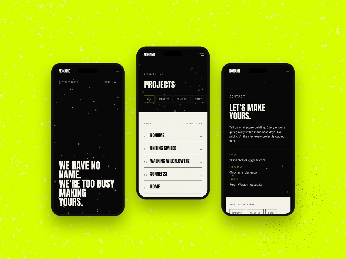NONAME website on three phones on a lime background: home, projects and contact